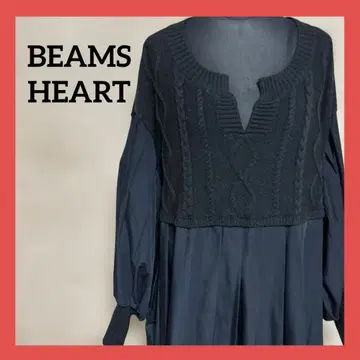 BEAMS HEART 니트 절개 튜닉 네이비 여성용 가을/겨울 플리츠