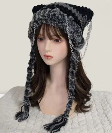 체인 달린 핸드메이드 고양이 귀 니트 모자 y2k 그런지 블랙