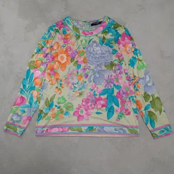 LEONARD 레오나르 꽃무늬 올 패턴 긴팔 티셔츠 그린 계열 L 사이즈