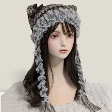 어스 컬러 핸드메이드 고양이 귀 니트 모자 리본 포함 y2k 그런지