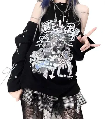 서브컬쳐 지뢰 롱T셔츠 오프숄더