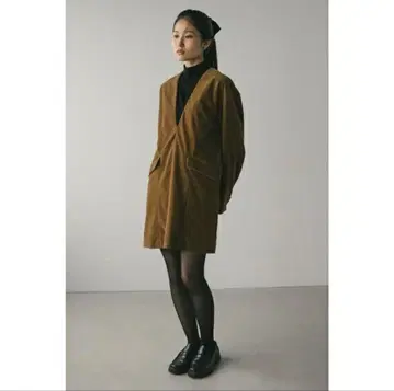 STYLEMIXER 브라운 V넥 미니 원피스 긴팔