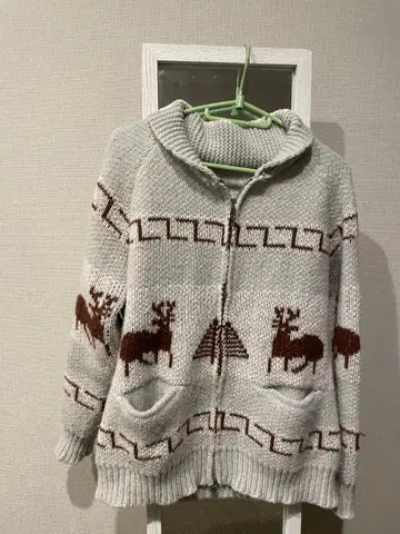 후드 부착 니트 가디건 사슴 패턴 그레이