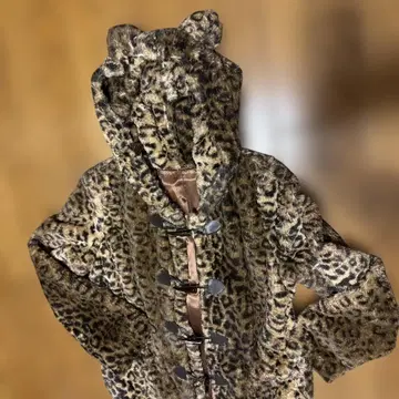 레오파드 무늬 인조 모피 자켓 귀 후드 꼬리 포함