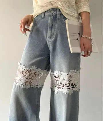 mily bilet 꽃무늬 레이스 와이드 데님 팬츠