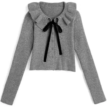 GRL 프릴 칼라 리본 리브 니트 가디건 그레이