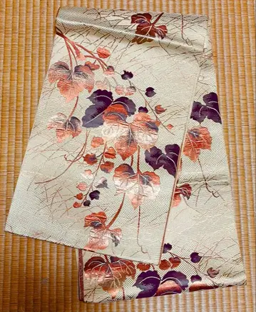 크림색 x 잎 무늬 후쿠로 오비 실크