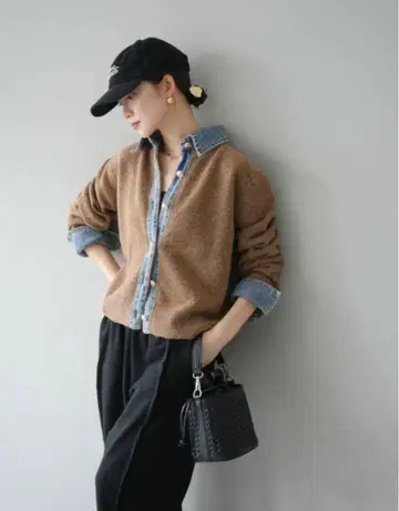 데님 옷깃 버튼 니트 가디건 카멜