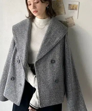 빅 칼라 페이크 울 더블 코트 클래식 엘프