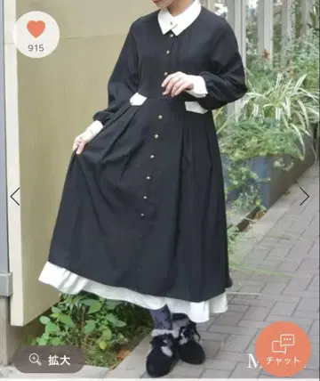 axesfemme 옷깃 디자인 단추 바이컬러 원피스 블랙