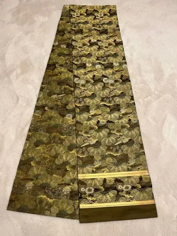 그린 컬러 꽃무늬 후쿠로 오비 금실 사용