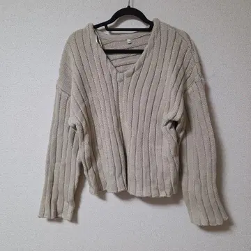 ClassicalElf 2WAY 믹스 편직 V넥 숏 기장 니트 베이지