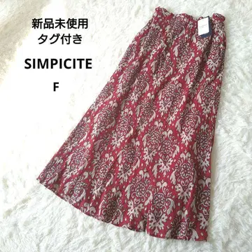 미사용 새상품 페이즐리 무늬 빨간색 플레어 스커트 크링클 허리밴딩 끈