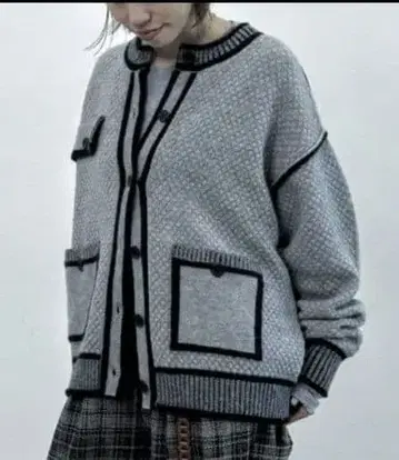 MODE NORM CORE 바이컬러 트리밍 니트 가디건 그레이