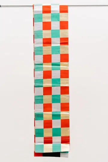 오비 체크 패턴 앤티크 순수 실크 기모노