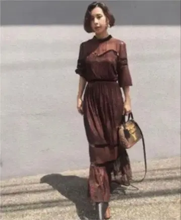 AMERI 아메리빈티지 레이스 시어 드레스 벨로아 브라운 경사용