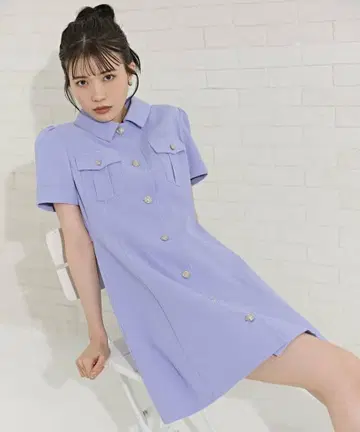 REDYAZEL 엠블럼 버튼 마이크로 와플 셔츠 원피스 퍼플