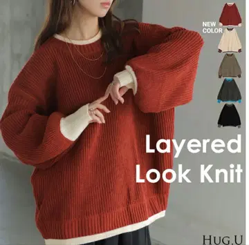 레이어드 룩 니트 레드 x 화이트 FREE 사이즈