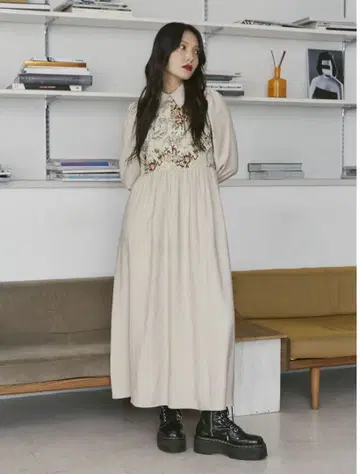 고블랑 차이나 플레어 원피스 아이보리 베이지 롱 셔츠 원피스