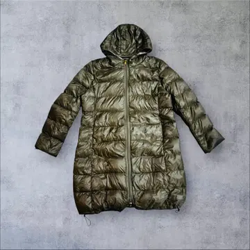 후드 부착 롱 다운 코트 카키 충전솜 경량 방한 여성용 구제 의류