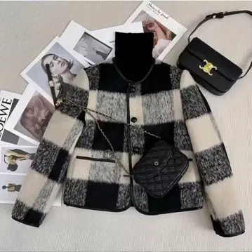 미사용 새상품 노카라 체크 무늬 자켓