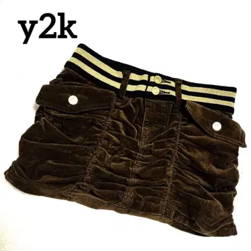 y2k 헤이세이 갸루 코듀로이 미니 스커트 개더 골드 골드 버튼