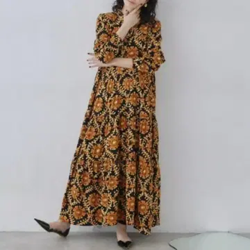 manana suerte 스카프 프린트 원피스 블랙 x 골드