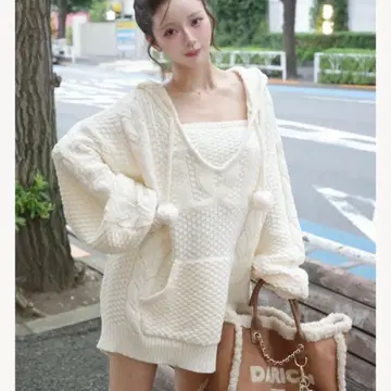 다리치 새상품 케이블 DD 로고 V넥 니트 후디 아이보리