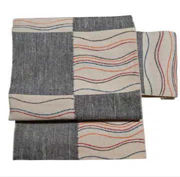 나고야 오비 컬러풀 아이보리 블랙과 아이보리 체크 물결 무늬