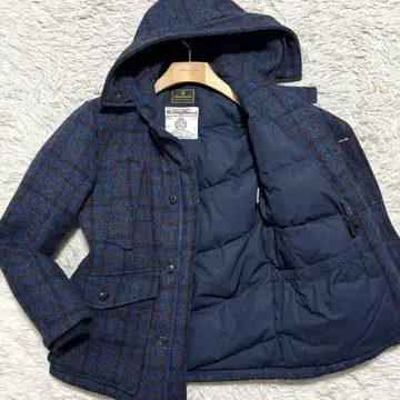 컨디션 최상 해리스 트위드 두툼한 헤링본 후드 다운 자켓 체크 무늬