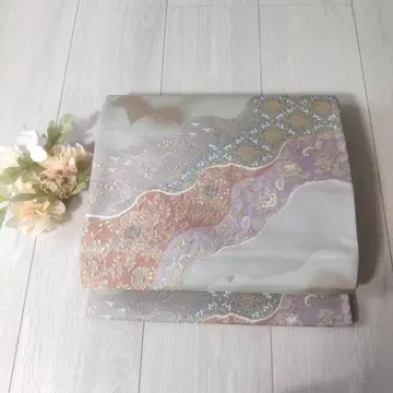 후쿠로 오비 그레이 웨이브 무늬 보라색 오렌지 그린 골드 고급 OBI