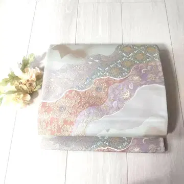 후쿠로 오비 그레이 웨이브 무늬 보라색 오렌지 그린 골드 고급 OBI