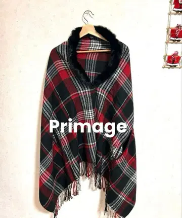 primage 빨간색 체크 무늬 판초 숄 2way 퍼 탈부착 가능