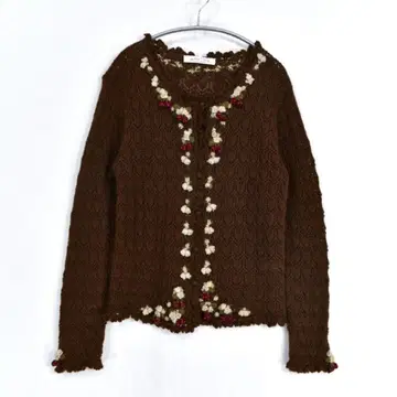 릴리포엠 플라워 모티브 입체 꽃무늬 딸기 가디건 브라운