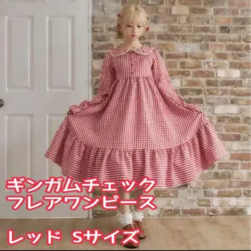 시마무라 콜라보 호시나 사쿠라코 깅엄 체크 플레어 원피스 레드 S 사이즈