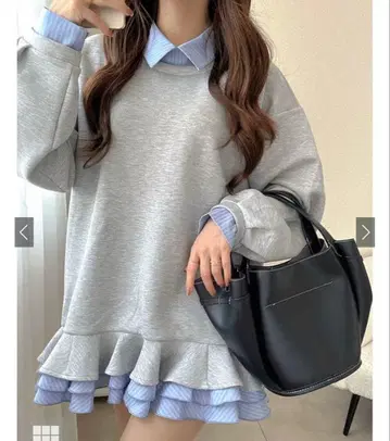 GRL 스트라이프 패턴 셔츠 레이어드 스타일 프릴 원피스[kz708]