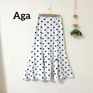 Aga 아가 도트 무늬 플레어 롱 스커트 9호 린넨 혼방 야마다야