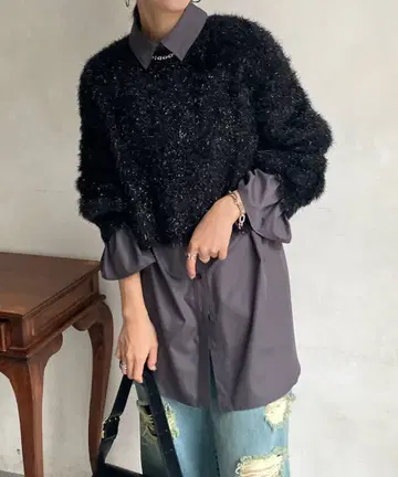 새상품급 라메 샤기 숏 기장 풀오버 라메 니트 샤기 니트 블랙