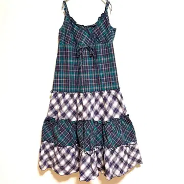 체크 절개 티어드 원피스 플레어 스커트 롱 면 100% LL