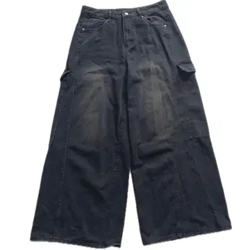 구제 와이드 데님 카고 배기 팬츠 블랙