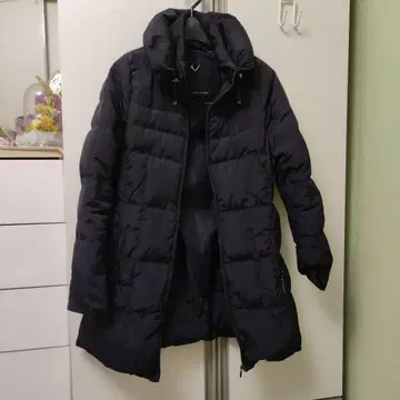 네이비 후드 부착 롱 다운 자켓