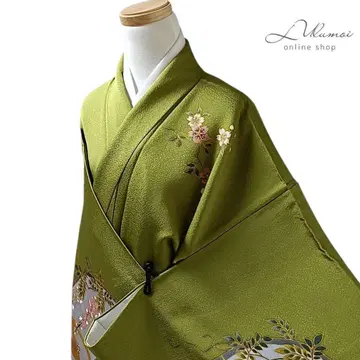 LULU45 기모노 순수 실크 츠케사게 그린 꽃무늬 새상품급