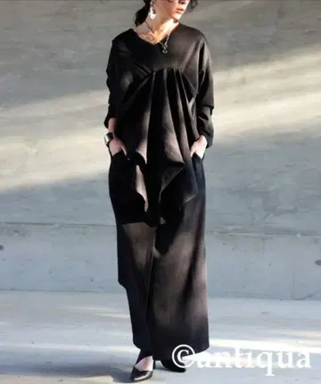 안티카 KINU 블랙 롱 원피스 V넥