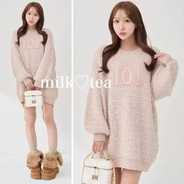 택 포함 새상품 다리치 DD 로고 트위드 니트 풀오버 핑크 프리