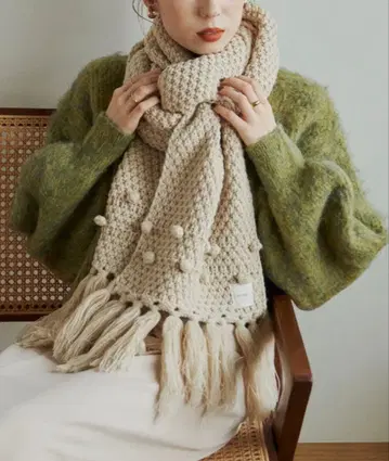 팝콘 편물 볼륨 프린지 머플러