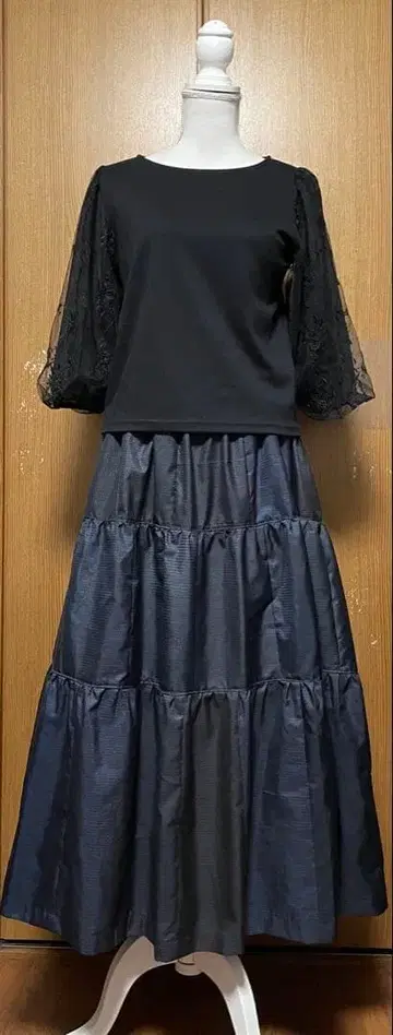 기모노 리메이크 심플 남색 계열 오시마 패치워크 캉캉 스커트