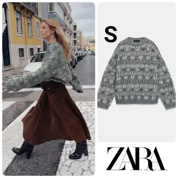 ZARA 기모 자카드 니트 스웨터 그레이 S 완판템