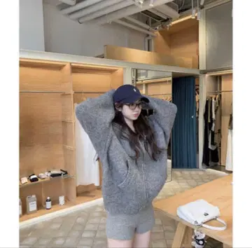 그레이 후드 부착 니트 후드티 프리 사이즈