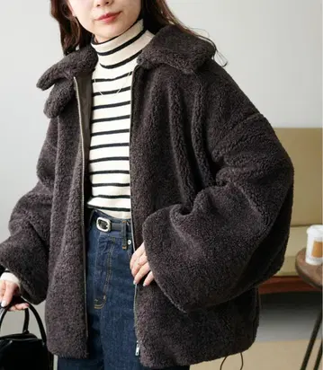 컬리 퍼 스탠드 블루종 discoat 브라운