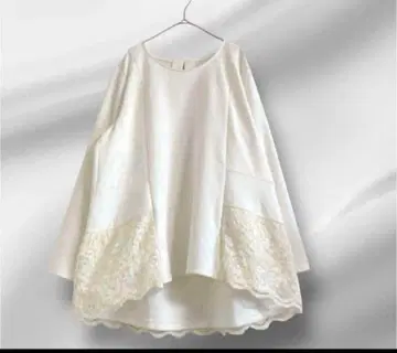 빅 사이즈! Bon Sens 레이스 절개 티셔츠 44 화이트